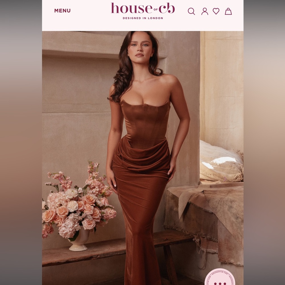 House of CB Persephone Strapless Velvet Bustier Dress in Camel Brown